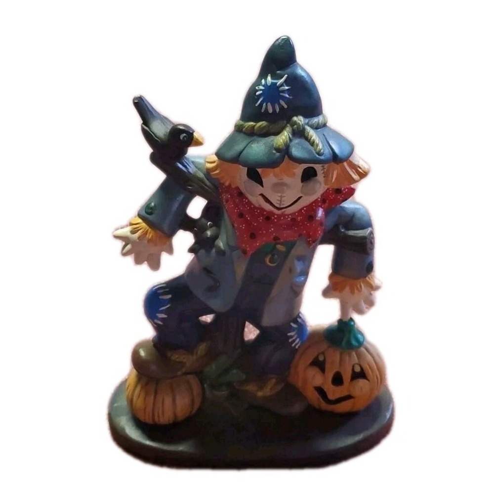 Vintage Ceramic Hand Painted Scarecrow Figurine Fall Halloween Crow Pumpkin